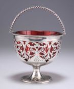 A VICTORIAN SILVER AND RUBY GLASS SUGAR BASKET