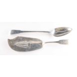 A GEORGE III SILVER FISH SLICE AND BASTING SPOON