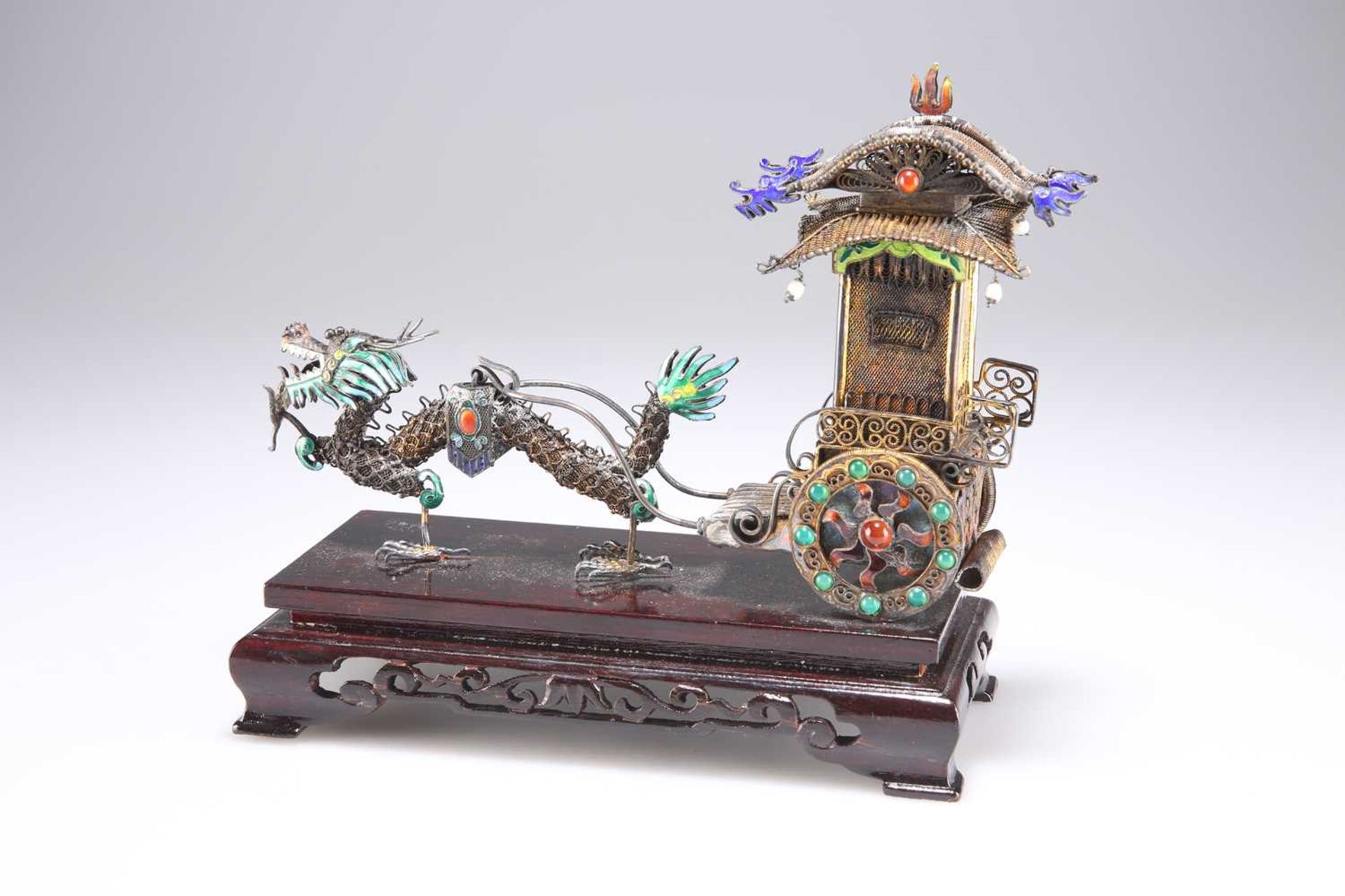 A LATE 19TH CENTURY CHINESE FILIGREE SILVER AND ENAMEL MODEL OF A DRAGON PULLING A CARRIAGE - Image 2 of 2