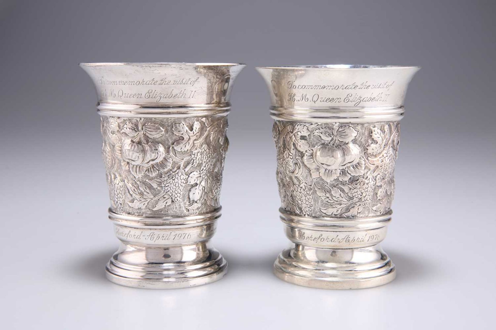 A PAIR OF ELIZABETH II SILVER BEAKERS