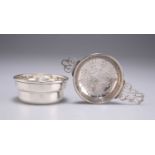 AN ELIZABETH II SILVER TEA STRAINER AND STAND