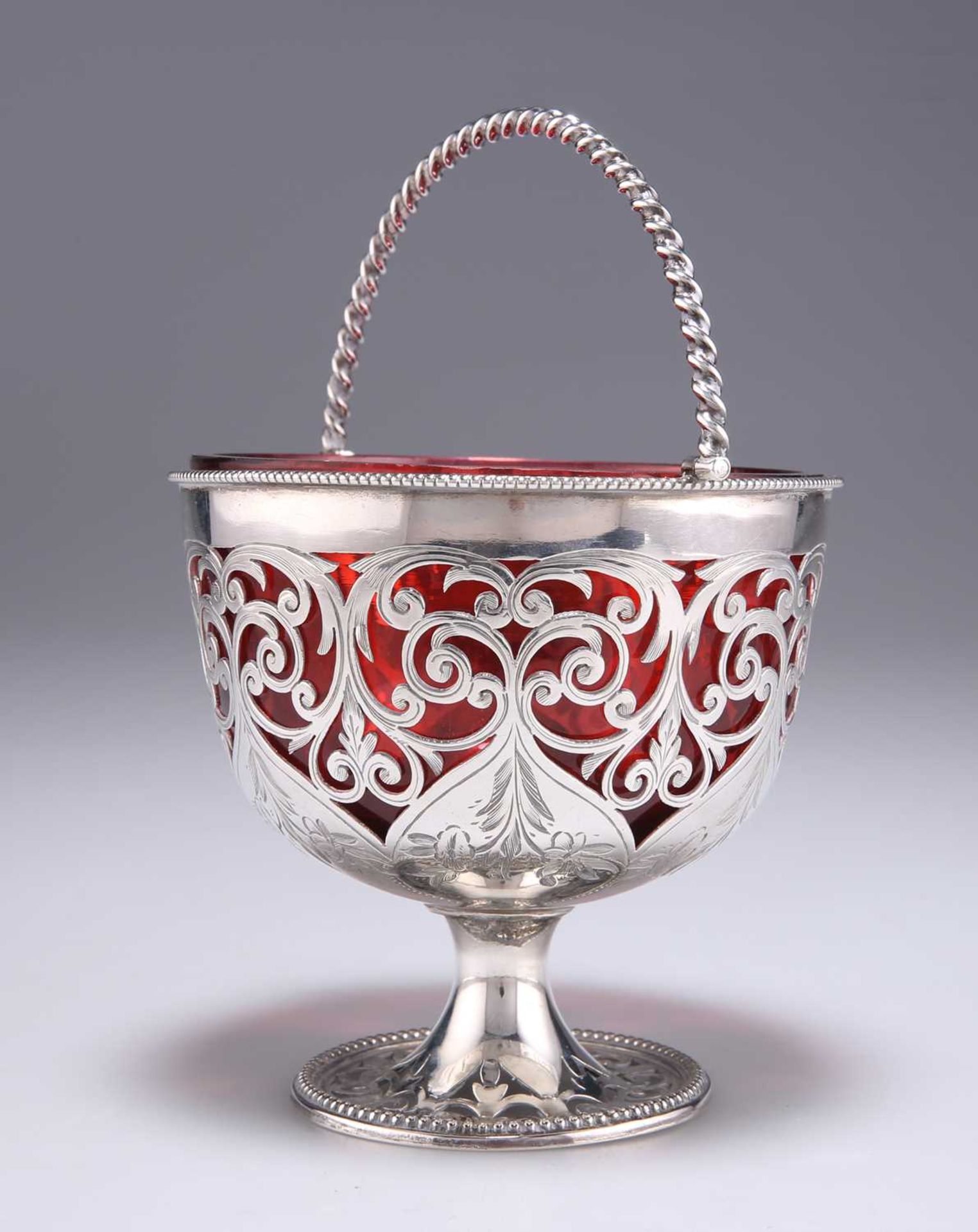 A VICTORIAN SILVER AND RUBY GLASS SUGAR BASKET - Image 2 of 3