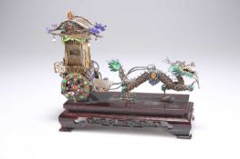 A LATE 19TH CENTURY CHINESE FILIGREE SILVER AND ENAMEL MODEL OF A DRAGON PULLING A CARRIAGE