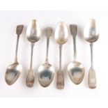 SIX FIDDLE PATTERN SILVER TABLE SPOONS, GEORGE III AND LATER