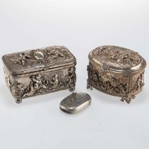 TWO 19TH CENTURY FRENCH WHITE-METAL JEWEL CASKETS AND AN EDWARDIAN SILVER-PLATED VESTA CASE