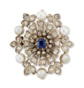 AN EARLY 20TH CENTURY SAPPHIRE, PEARL AND DIAMOND BROOCH / PENDANT