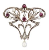 AN EARLY 20TH CENTURY RUBY, PEARL AND DIAMOND BROOCH