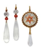 A MID-19TH CENTURY ROCK CRYSTAL AND CORAL PENDANT AND EARRING SUITE