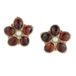 A PAIR OF GARNET AND SEED PEARL CLUSTER EARRINGS