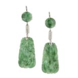 A PAIR OF JADE AND DIAMOND PENDANT EARRINGS