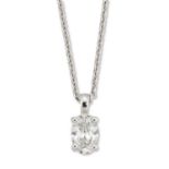 A SOLITAIRE OVAL-CUT DIAMOND PENDANT ON AN 18 CARAT WHITE GOLD CHAIN