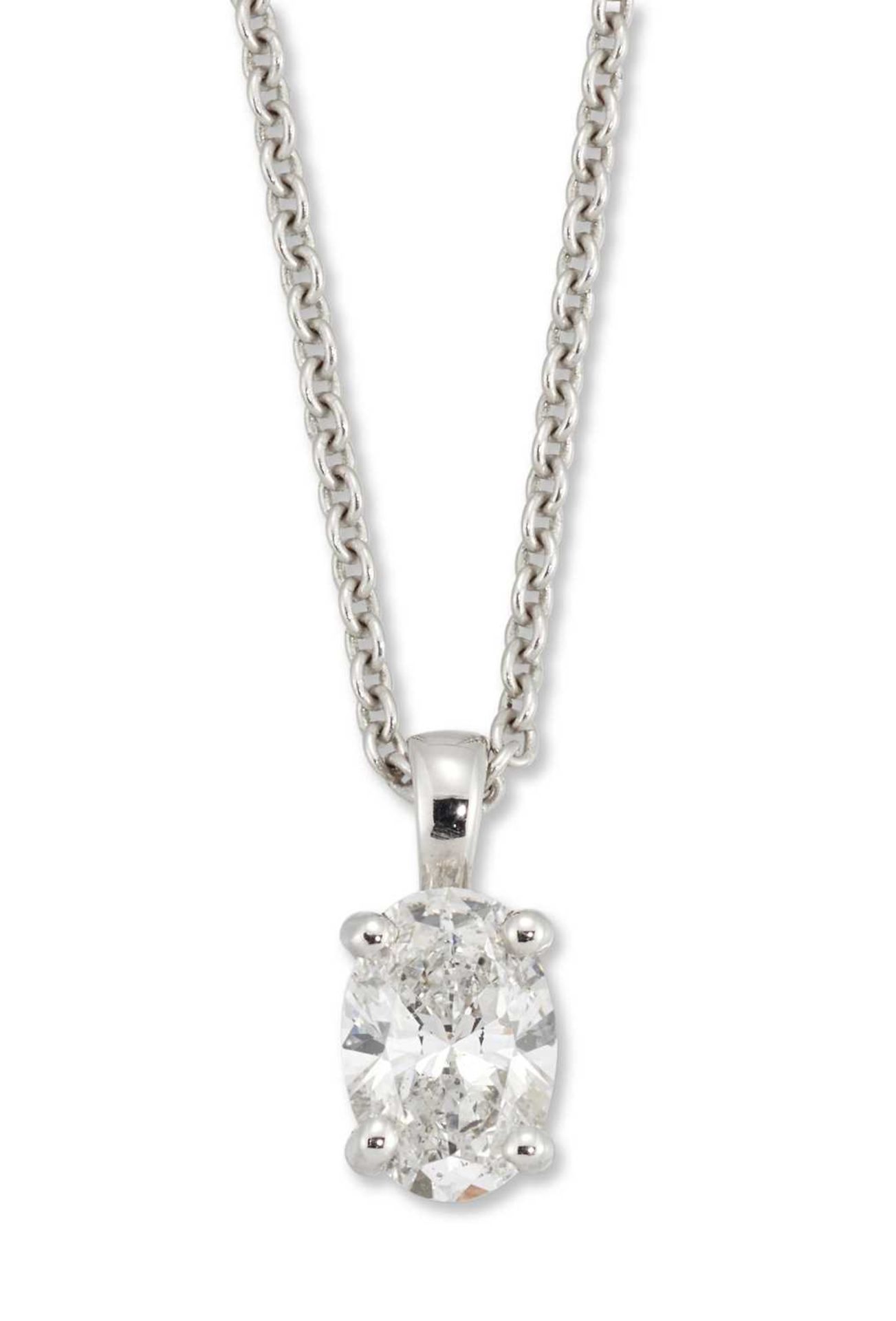 A SOLITAIRE OVAL-CUT DIAMOND PENDANT ON AN 18 CARAT WHITE GOLD CHAIN