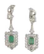 A PAIR OF EMERALD AND DIAMOND CLUSTER PENDANT EARRINGS