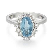 AN 18 CARAT WHITE GOLD AQUAMARINE AND DIAMOND CLUSTER RING