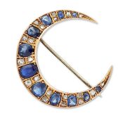 A LATE 19TH CENTURY SAPPHIRE AND DIAMOND CRESCENT BROOCH