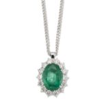 AN 18 CARAT WHITE GOLD EMERALD AND DIAMOND PENDANT ON CHAIN