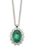 AN 18 CARAT WHITE GOLD EMERALD AND DIAMOND PENDANT ON CHAIN