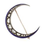 A LATE 19TH CENTURY ROSE-CUT DIAMOND AND ENAMEL CRESCENT BROOCH