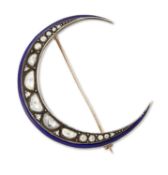 A LATE 19TH CENTURY ROSE-CUT DIAMOND AND ENAMEL CRESCENT BROOCH