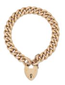 A 15 CARAT GOLD CURB LINK BRACELET WITH A HEART-SHAPED PADLOCK CLASP