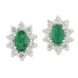 A PAIR OF EMERALD AND DIAMOND CLUSTER EARRINGS