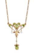 AN ART NOUVEAU STYLE ENAMEL, PERIDOT AND SEED PEARL PENDANT NECKLACE