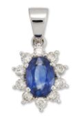 A SAPPHIRE AND DIAMOND CLUSTER PENDANT