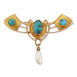 A LATE 19TH CENTURY ART NOUVEAU TURQUOISE AND BLISTER PEARL BROOCH