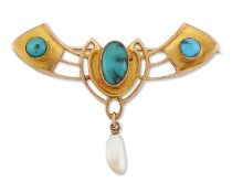 A LATE 19TH CENTURY ART NOUVEAU TURQUOISE AND BLISTER PEARL BROOCH