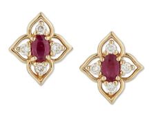 A PAIR OF 9 CARAT GOLD RUBY AND DIAMOND CLUSTER EARRINGS