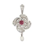 AN EARLY 20TH CENTURY RUBY, PEARL AND DIAMOND PENDANT