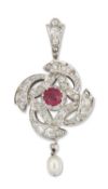 AN EARLY 20TH CENTURY RUBY, PEARL AND DIAMOND PENDANT