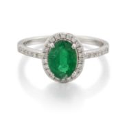 AN 18 CARAT WHITE GOLD EMERALD AND DIAMOND CLUSTER RING