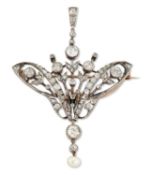 A LARGE EARLY 20TH CENTURY DIAMOND AND PEARL PENDANT / BROOCH