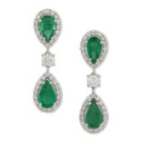 A PAIR OF EMERALD AND DIAMOND CLUSTER PENDANT EARRINGS