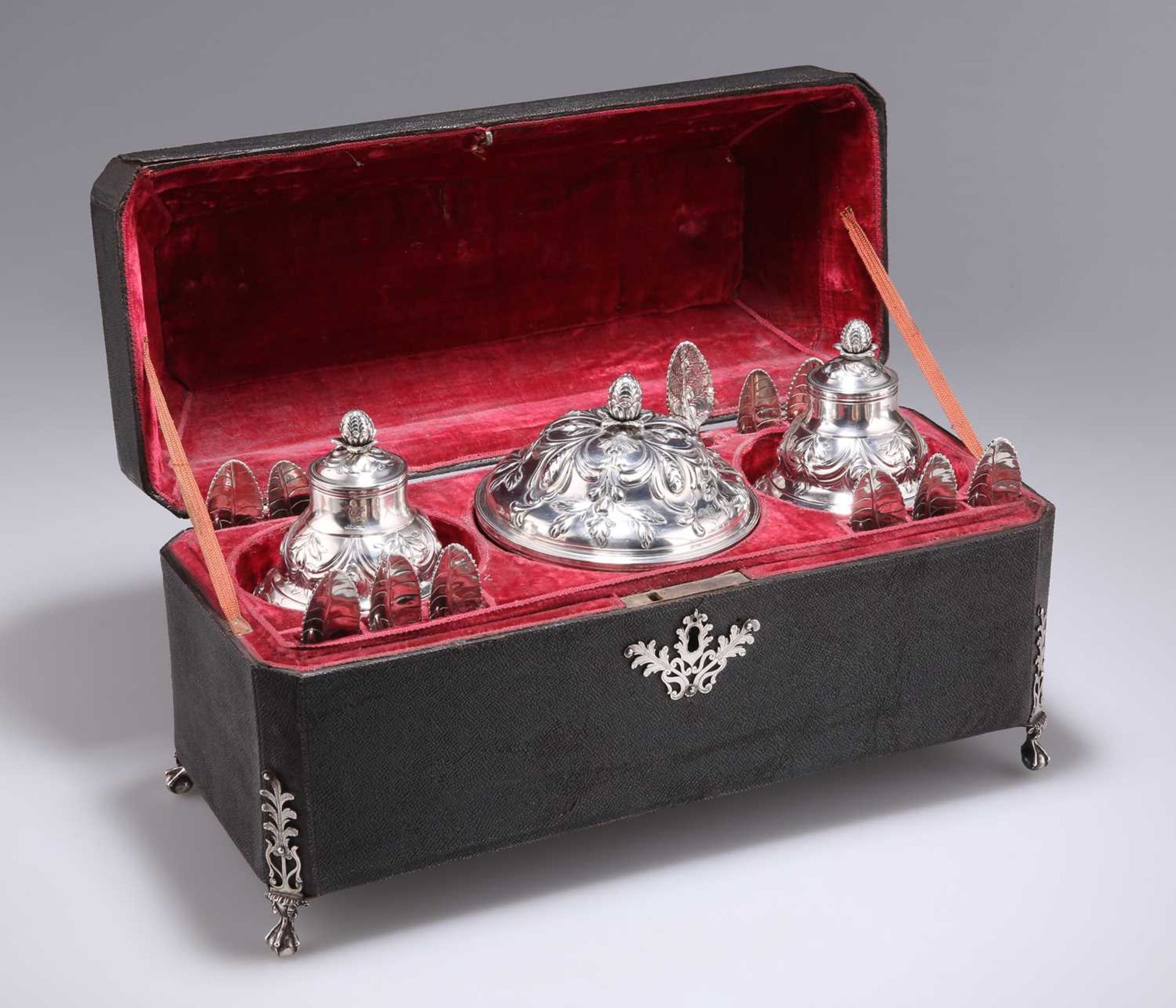 A CASED SET OF TWO GEORGE III SILVER TEA CADDIES AND A SUGAR BOX