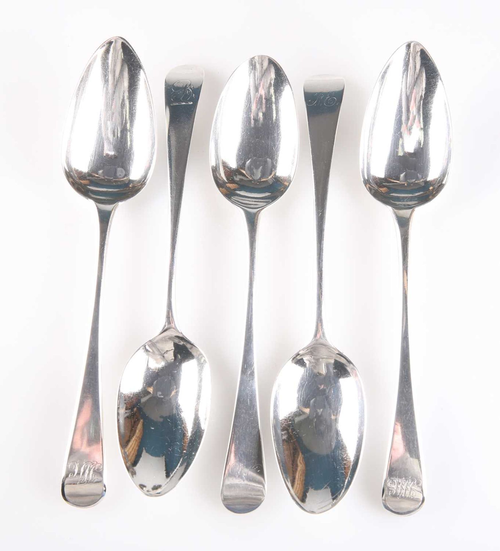 FIVE GEORGE III SILVER OLD ENGLISH PATTERN TABLESPOONS