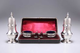 A PAIR OF LATE VICTORIAN SILVER SALTS, AND A PAIR OF LATE 19TH CENTURY AMERICAN SILVER CASTERS