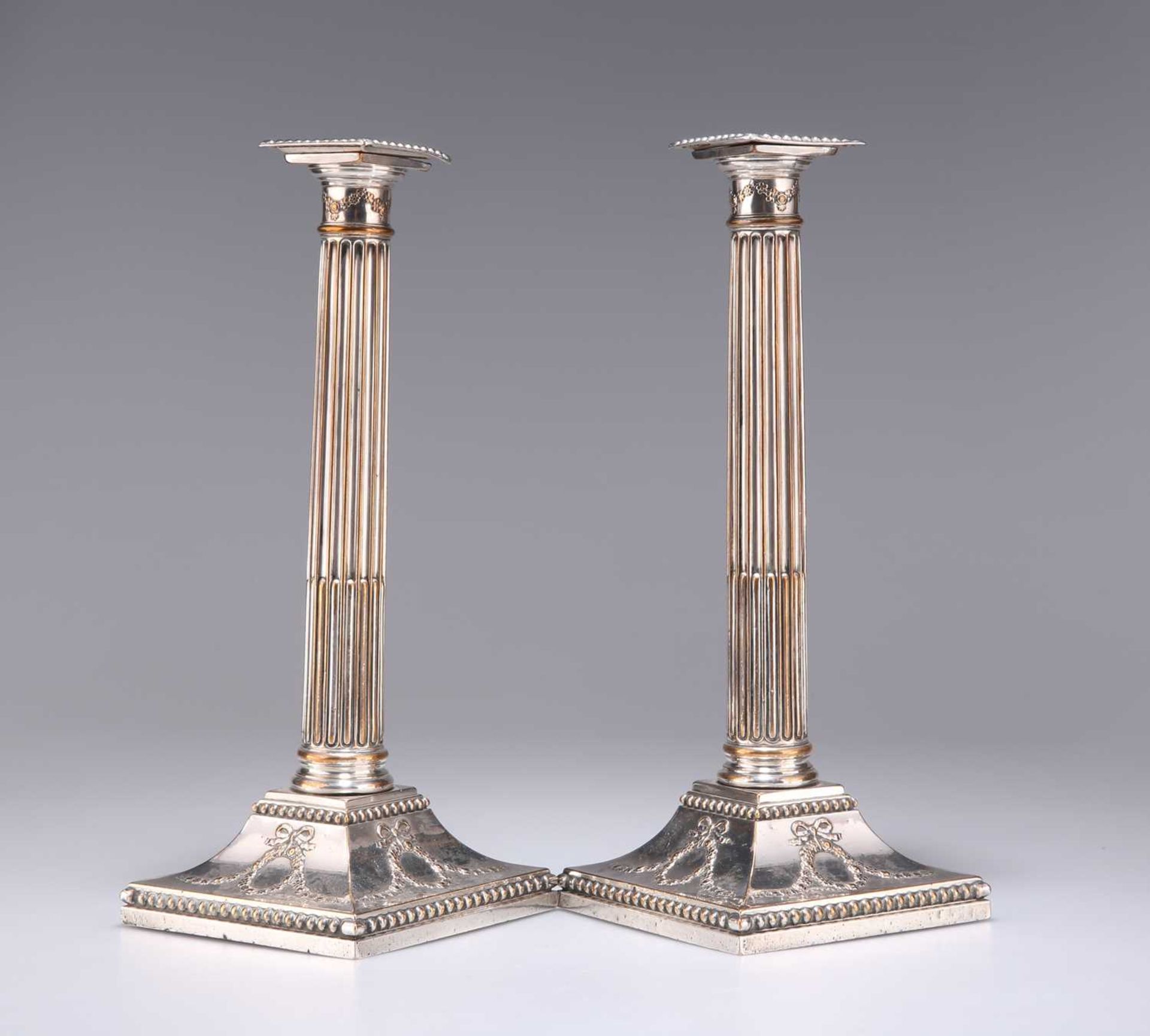 A PAIR OF GEORGE III OLD SHEFFIELD PLATE COLUMNAR CANDLESTICKS - Image 2 of 2