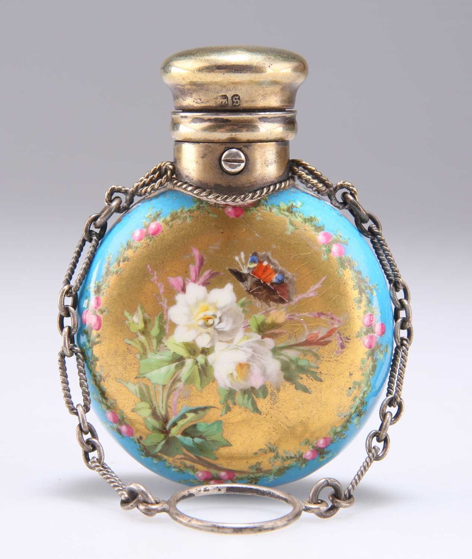 A VICTORIAN SILVER-GILT AND PORCELAIN SCENT FLASK