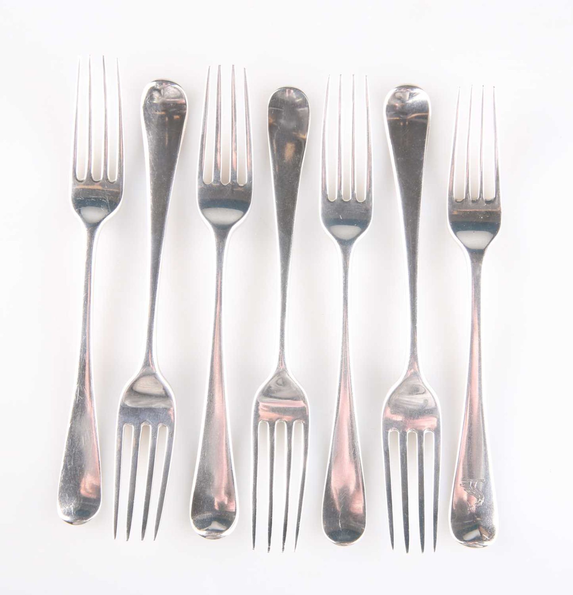 SEVEN GEORGE III SILVER OLD ENGLISH PATTERN DESSERT FORKS