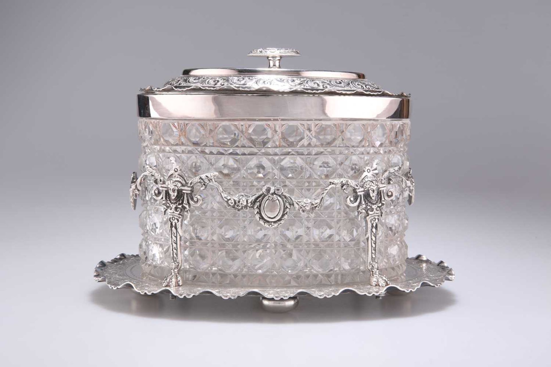 A GOOD VICTORIAN SILVER-PLATED AND CUT-GLASS BISCUIT BOX