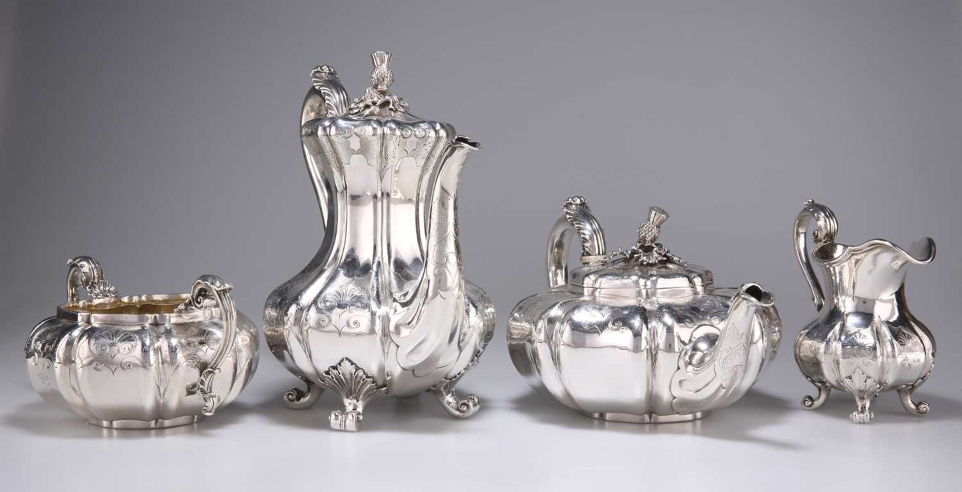 A FINE EARLY VICTORIAN SILVER FOUR-PIECE TEA AND COFFEE SERVICE