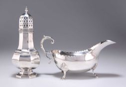 AN ELIZABETH II SILVER SUGAR CASTER, AND AN IRISH SILVER SAUCEBOAT