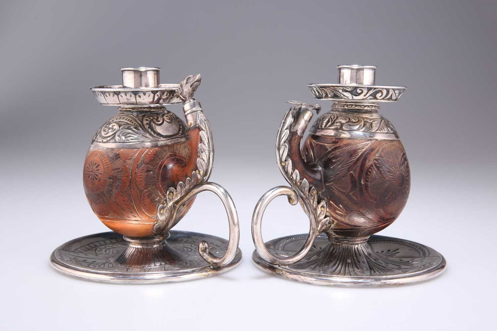 A STRIKING PAIR OF VICTORIAN SILVER-MOUNTED CHAMBERSTICKS - Image 2 of 12