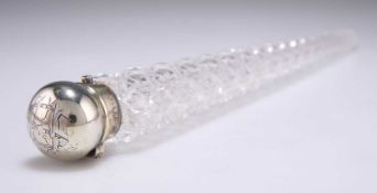 A VICTORIAN LARGE SILVER-TOPPED CUT-GLASS SCENT BOTTLE