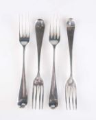 FOUR GEORGE III SILVER OLD ENGLISH PATTERN TABLE FORKS
