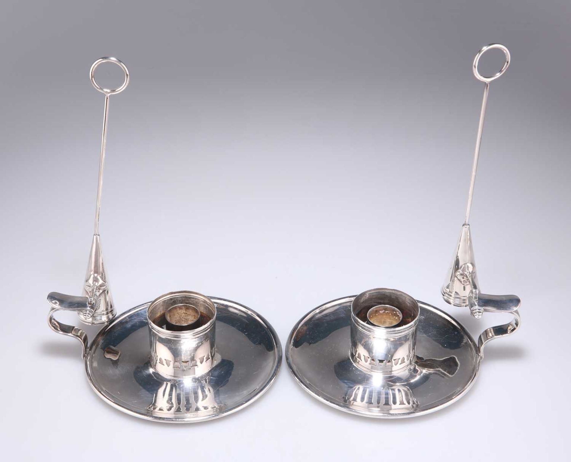 A PAIR OF 19TH CENTURY SILVER PLATED CHAMBERSTICKS - Image 2 of 2