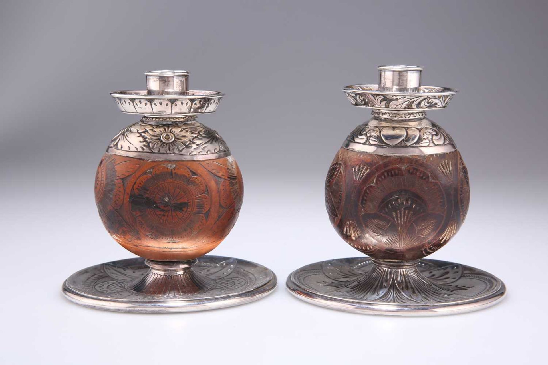 A STRIKING PAIR OF VICTORIAN SILVER-MOUNTED CHAMBERSTICKS - Image 3 of 12