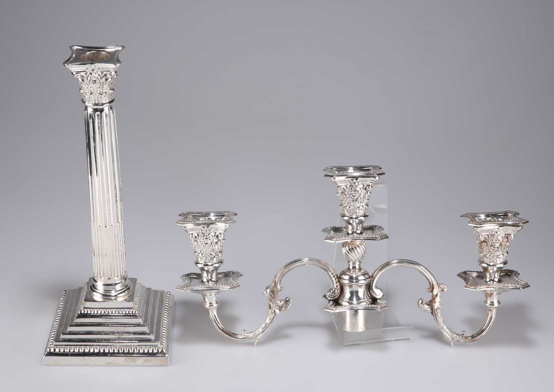 A PAIR OF VICTORIAN SILVER-PLATED CORINTHIAN COLUMN CANDELABRA - Image 3 of 3